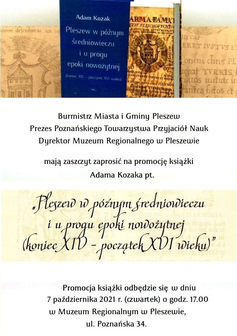Plakat z informacjami dotyczącymi promocji książki w Pleszewie