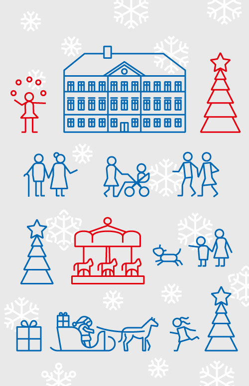 Grafika promująca imprezy swiąteczne przedstawiajaca ikony zwiazane z zimą i pleszewem