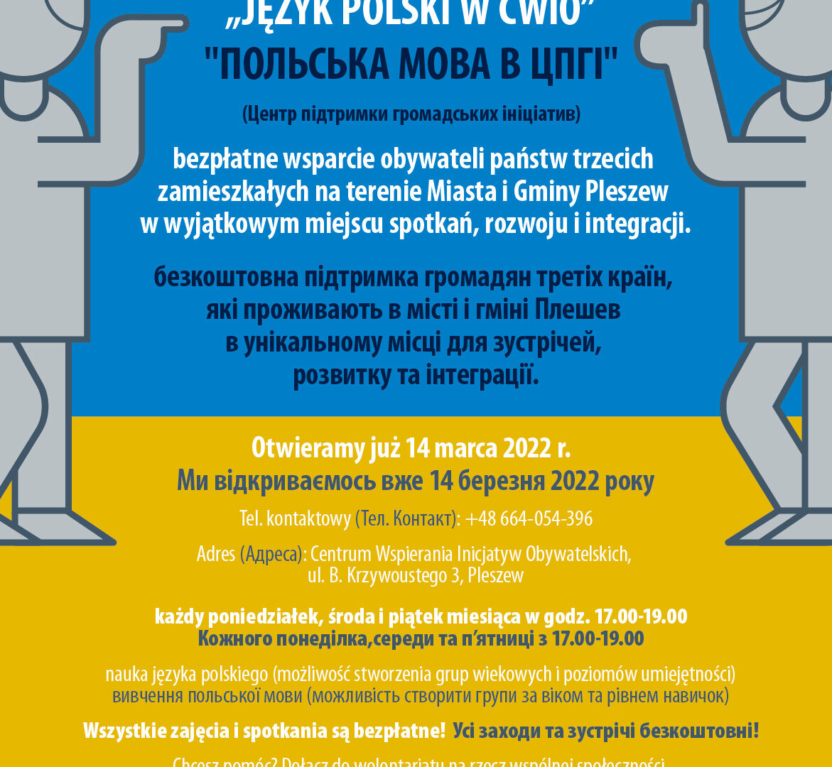 plakat informujący o nauce jęz. polskiego dla uchodźców z Ukrainy