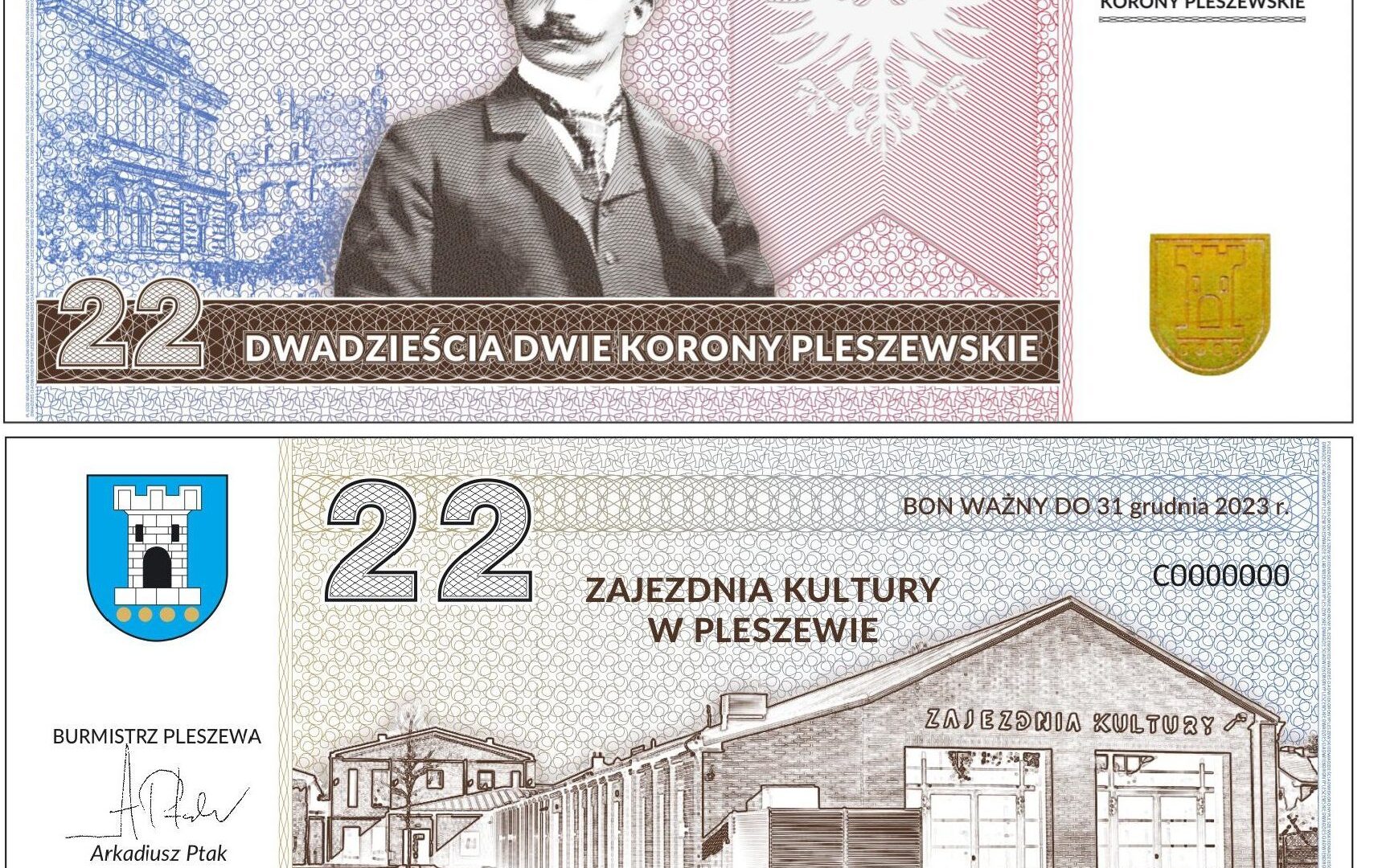awers i rewers bonu kolekcjonerskiego o nominale 20 Koron Pleszewskich