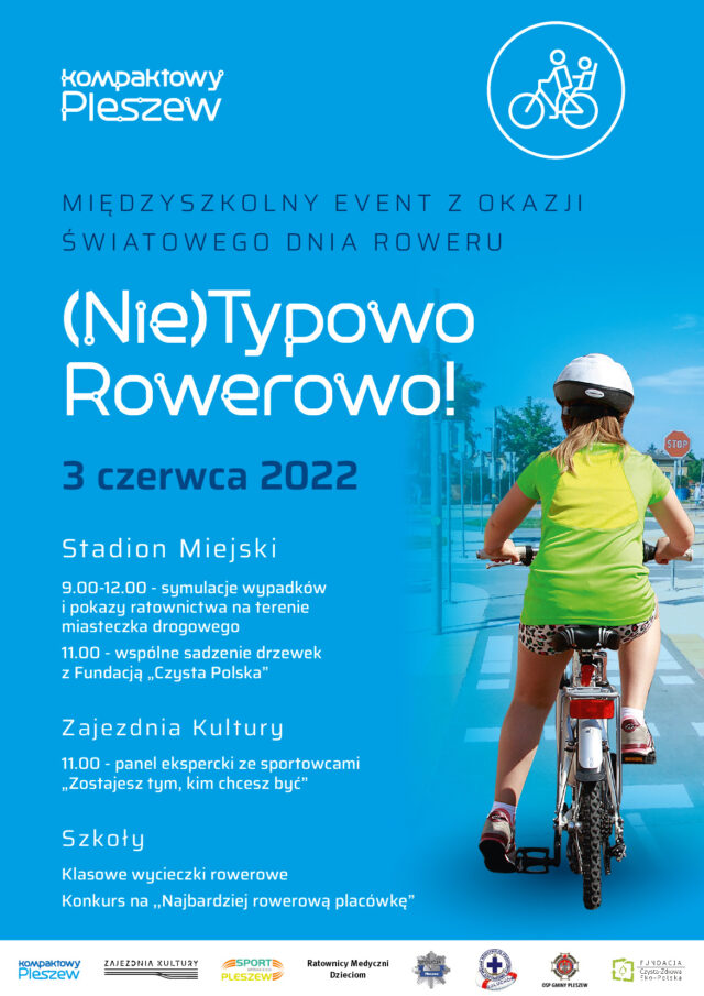 na plakacie widać szczegóły wydarzenia skierowanego do szkół z terenu MiG Pleszew z okazji Światowego Dnia Roweru