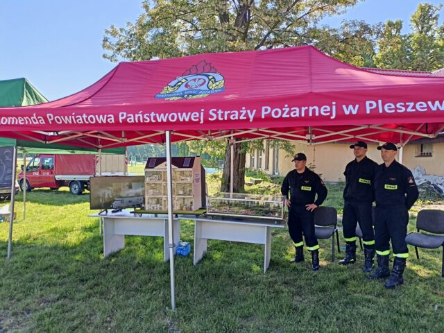 strażacy z Komendy Powiatowej Państwowej Straży Pożarnej w Pleszewie ze swoim domkiem pożarowym i symulacja pożarów