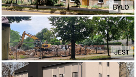 3 etapy inwestycji przy ul. Podgórnej w Pleszewie. Etap przed burzeniem, po wyburzeniu oraz wizualizacja budynku mieszkalnego