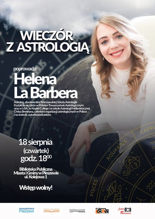 plakatu Wieczoru z Astrologią w bibliotece, który prowadzi Helena La Barbera