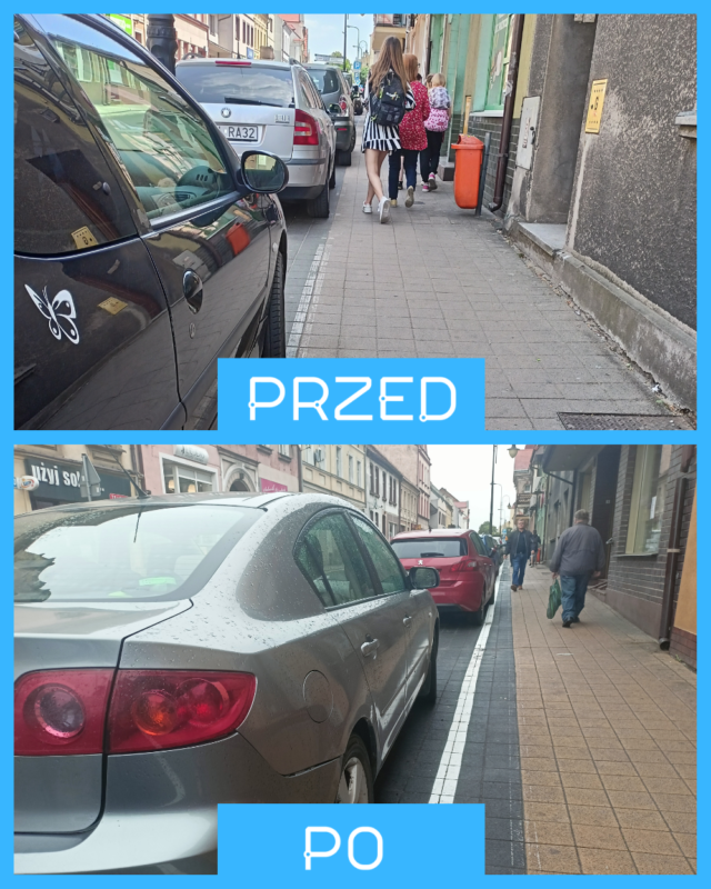 Kompilacja dwóch obrazków pokazujących zmiany na ulicy Poznańskiej. Zdjęcie przed- wąski chodnik, na którym trudno się minąć z drugą osobą. Zdjęcie po- większa powierzchnia chodnika kosztem parkingu dla aut 