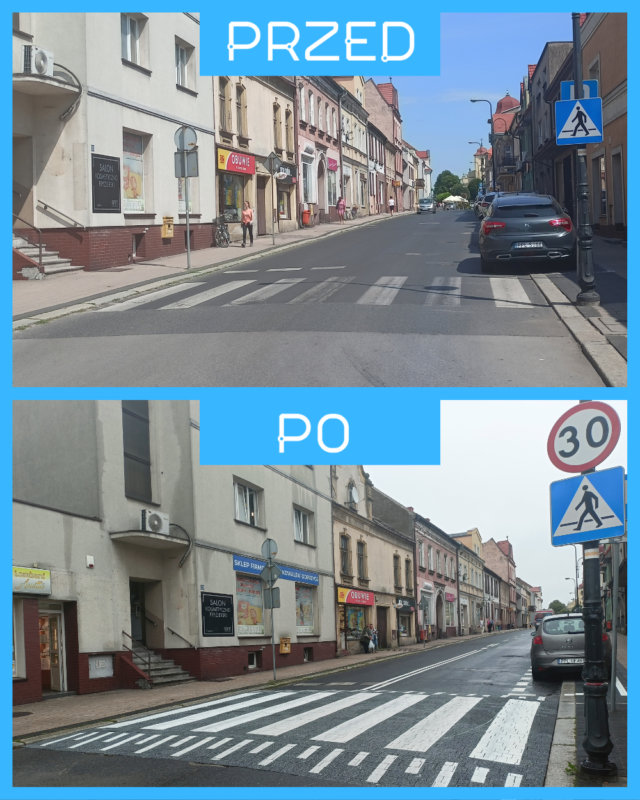 kompilacja dwóch obrazków ulicy Poznańskiej przed modernizacją i po modernizacji. Przed- zwyczajne przejście dla pieszych, po- wyniesione przejście dla pieszych oraz wprowadzone ograniczenie prędkości do 30km/h
