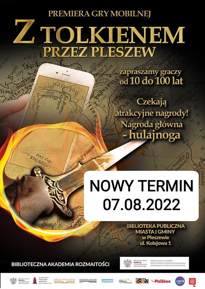 plakat premiery gry mobilnej "Z Tolkienem przez Pleszew" odbywającej się w bibliotece