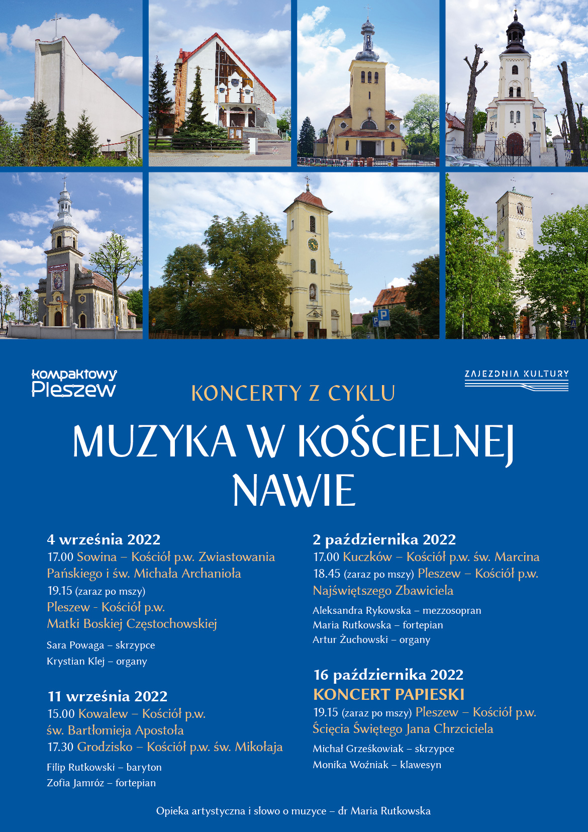 plakat cyklu wydarzeń "Muzyka w kościelnej nawie" odbywających się w kościołach w gminie Pleszew