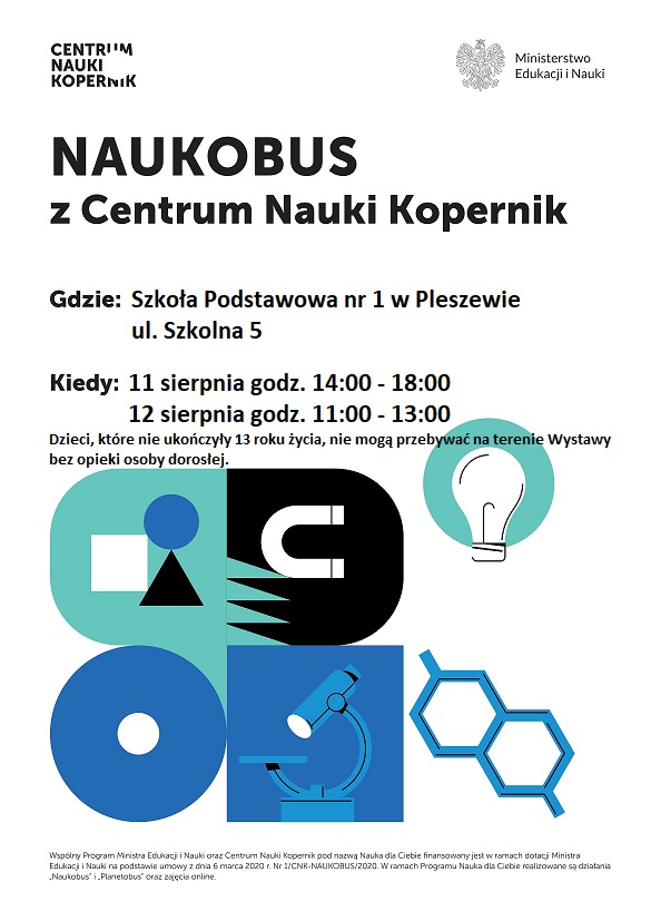 plakat Naukobusa z centrum Nauki Kopernik, który przyjedzie do ZSP nr 1 w Pleszewie