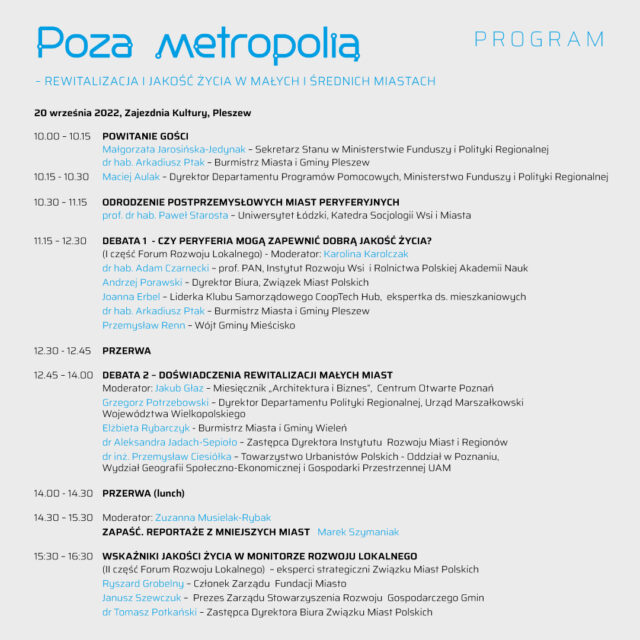 na grafice znajduje się program konferencji "Poza metropolią - rewitalizacja i jakość życia w małych i średnich miastach"