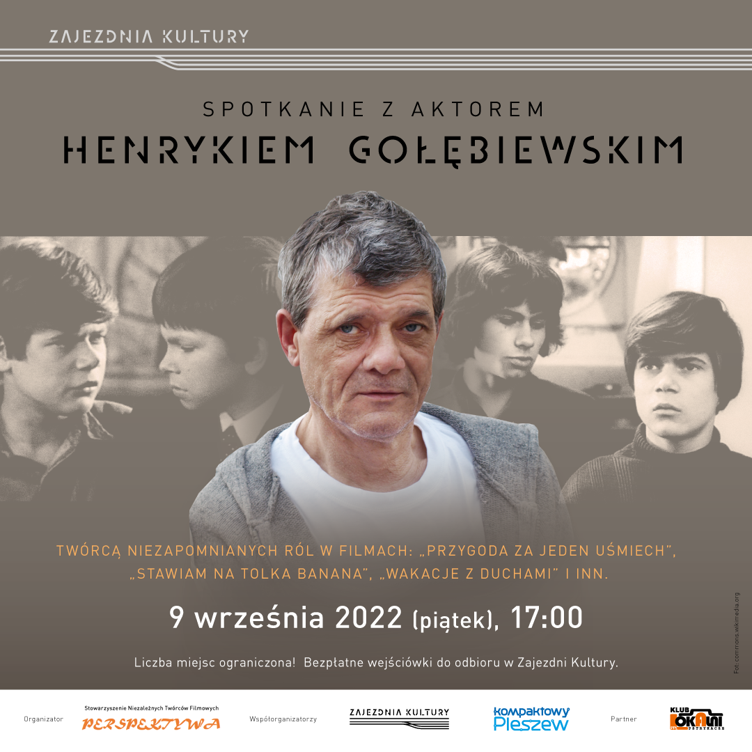 plakat spotkania w Zajezdni Kultury z aktorem Henrykiem Gołębiewskim