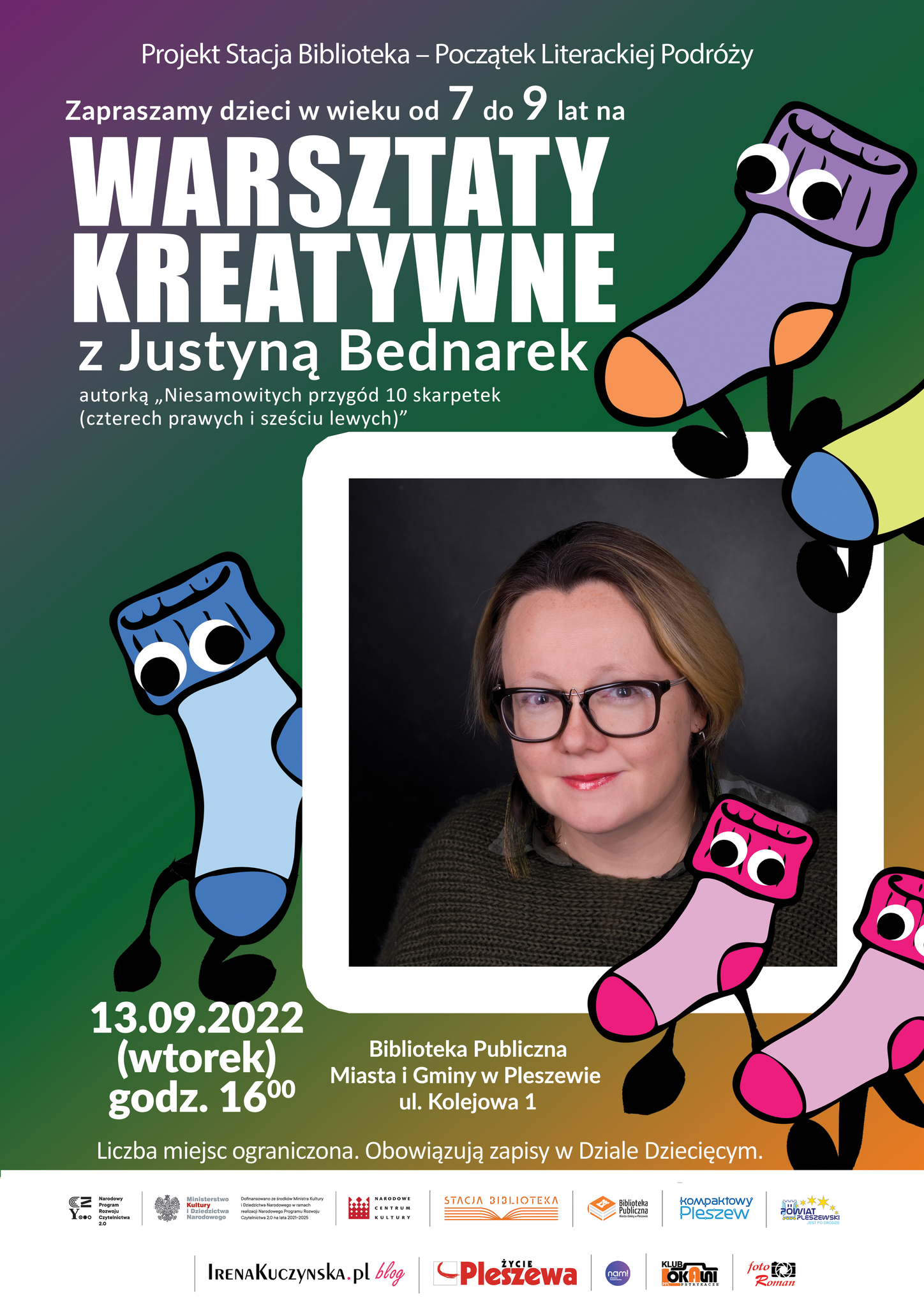 plakat warsztatów kreatywnych z Justyną Bednarek odbywających się w Bibliotece Publicznej w Pleszewie