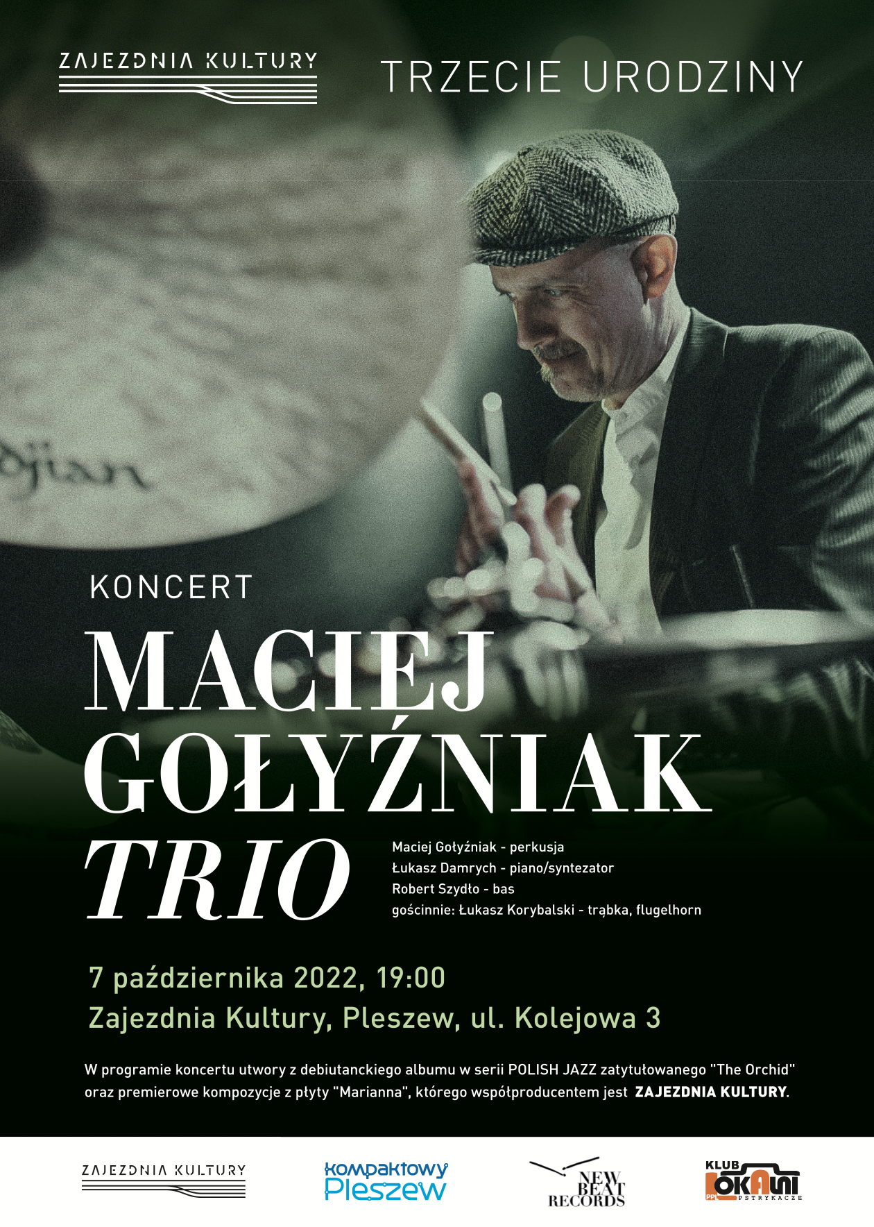 plakat koncertu z okazji trzecich urodzin Zajezdni Kultury w Pleszewie 7 października 2022