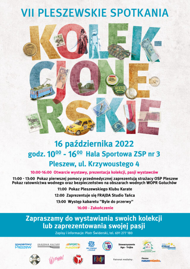 plakat VII Pleszewskich Spotkań Kolekcjonerskich odbywających się 16 października 2022 na Hali Widowisko-Sportowej w Pleszewie