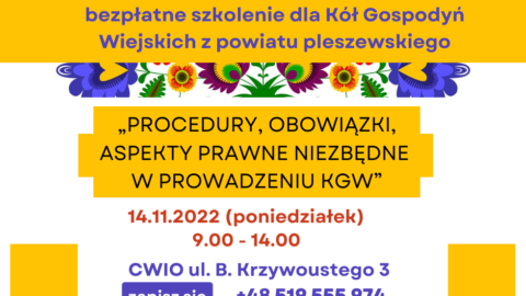 plakat bezpłatnego szkolenia dla Kół Gospodyń Wiejskich z powiatu pleszewskiego odbywającego się 14 listopada 2022 w godzinach 9:00-14:00 w CWIO w Pleszewie