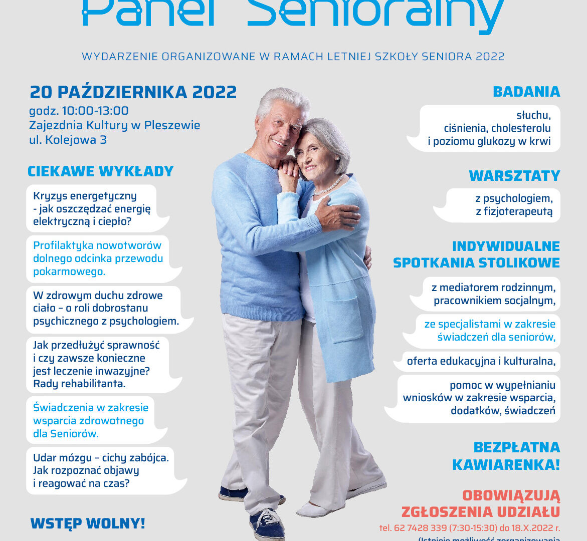 plakat panelu senioralnego odbywającego się w Zajezdni Kultury 20 października 2022 w godz. 10:00-13:00