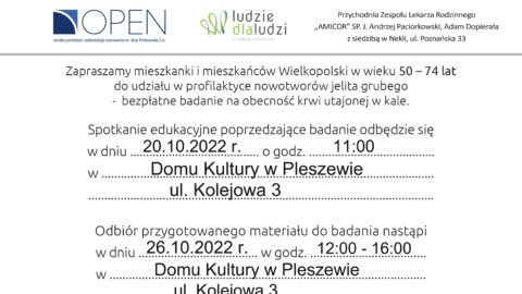 plakat spotkania edukacyjnego i badania profilaktycznego dotyczacego jelita grubego, które odbędzie się w zajezdni kultury 20 października 2022 o godz 11 w ramach panelu senioralnego.