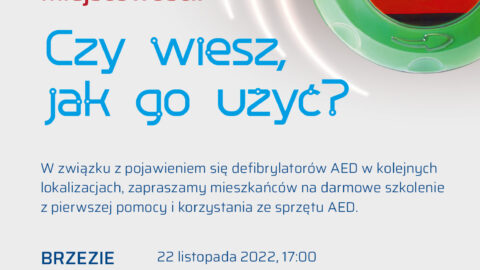Plakat szkolenia z pierwszej pomocy i korzystania z urządzenia AED które odbędzie się w Brzeziu, Pleszewie i Kuczkowie
