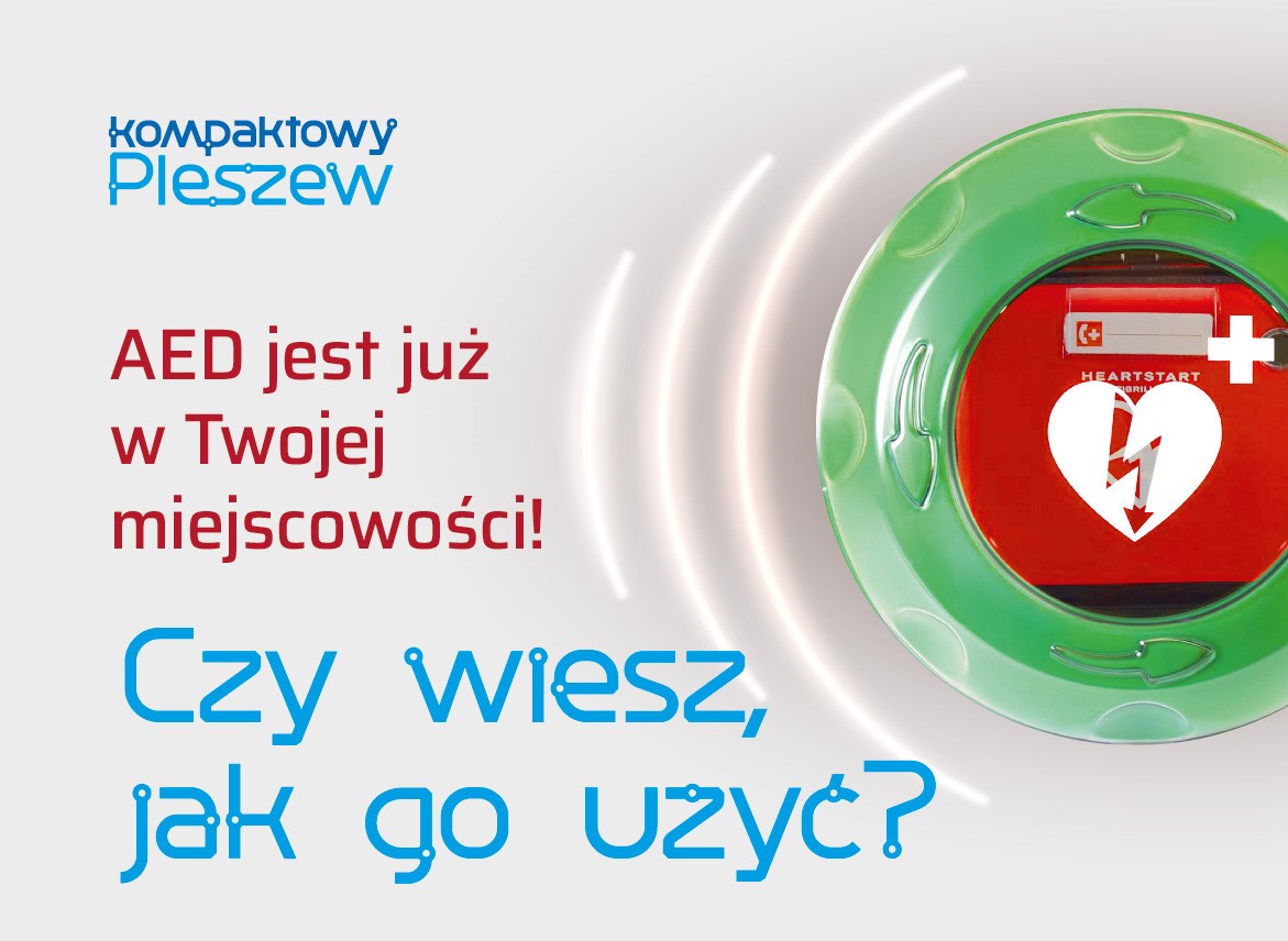 Plakat szkolenia z pierwszej pomocy i korzystania z urządzenia AED które odbędzie się w Brzeziu, Pleszewie i Kuczkowie