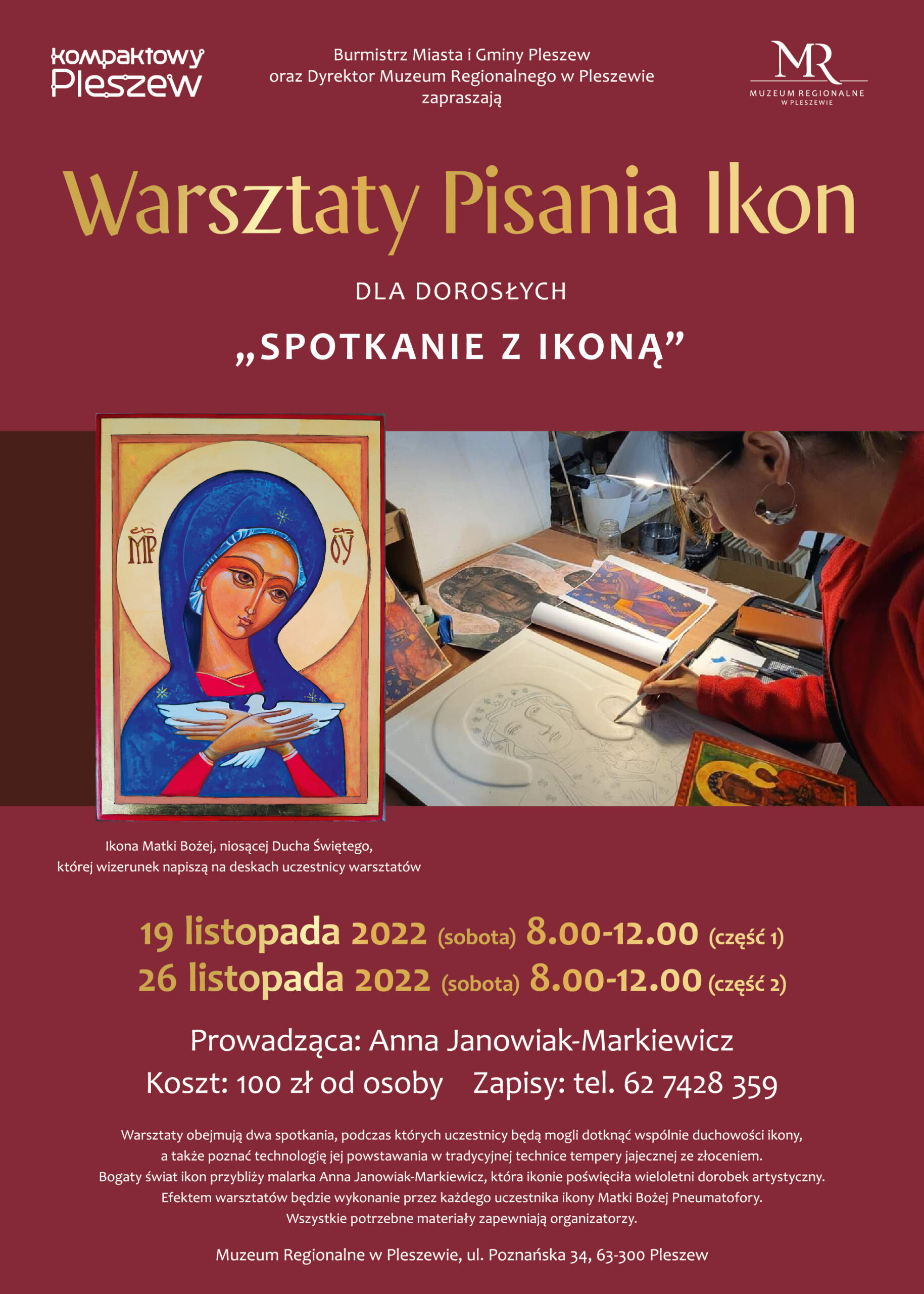 Plakat Warsztatów Pisania Ikon dla dorosłych odbywających się w Muzeum Regionalnym w Pleszewie w dniach 19 i 26 listopada