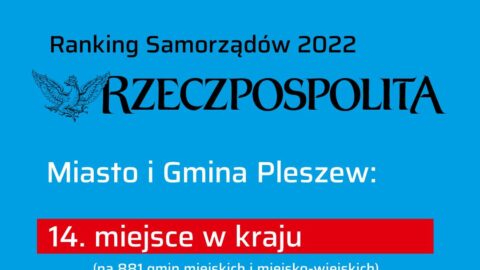 grafika przedstawiająca wyniki Rankingu Samorządów "Rzeczpospolitej" przeprowadzonego w 2022 roku. Pleszew w rankingu zajął 14. miejsce w Polsce oraz 3. w Wielkopolsce.