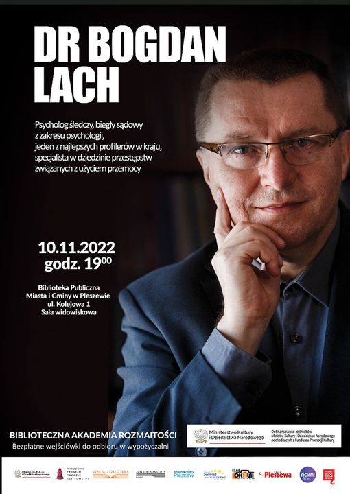 Plakat spotkania z dr Bogdanem Lachem w Bibliotece Publicznej MiG Pleszew 10 listopada o godzinie 19:00