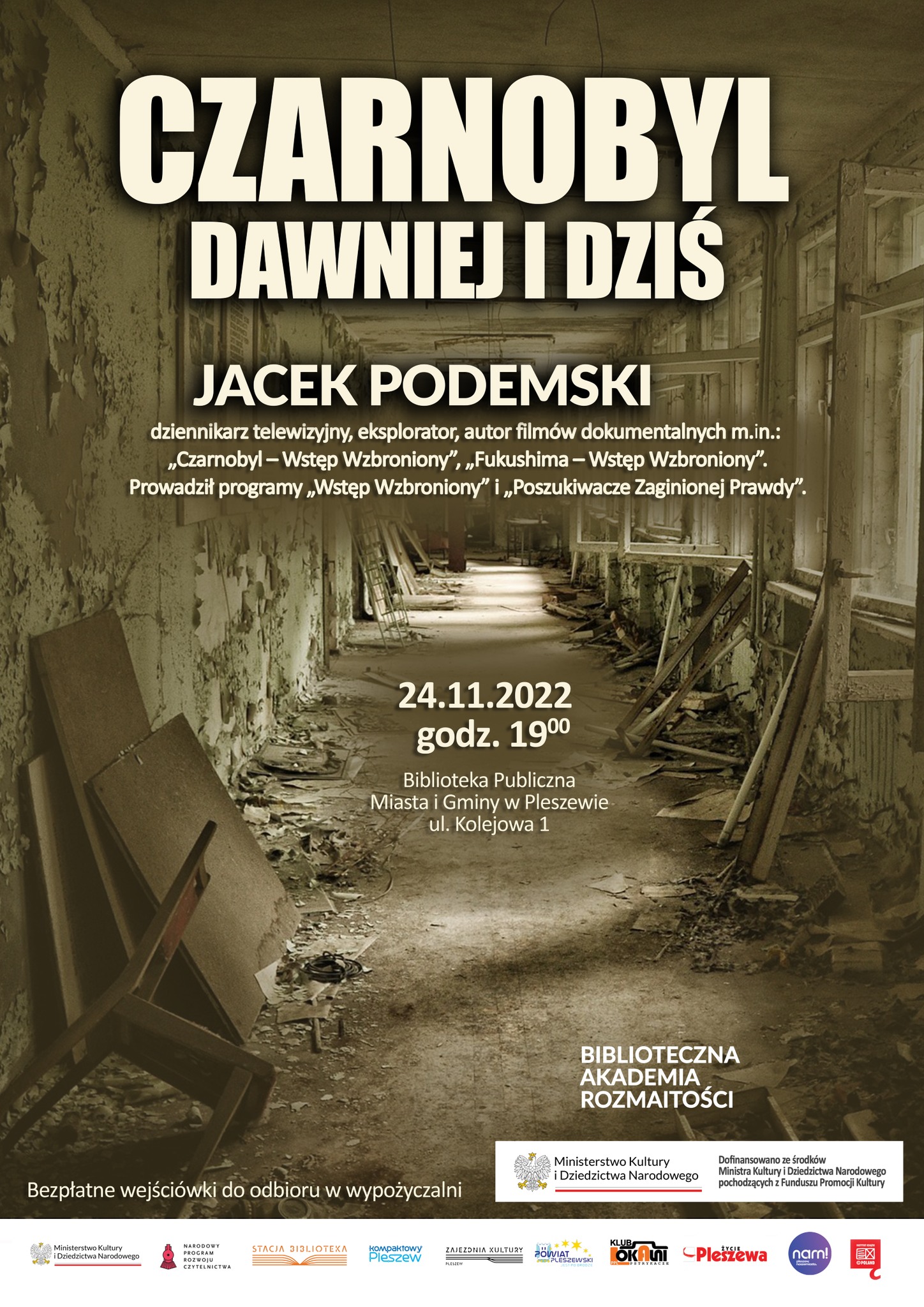 Plakat wydarzenia w Bibliotece Publicznej Czarnobyl dawniej i dziś odbywającego się 24 listopada 2022 o godzinie 19:00