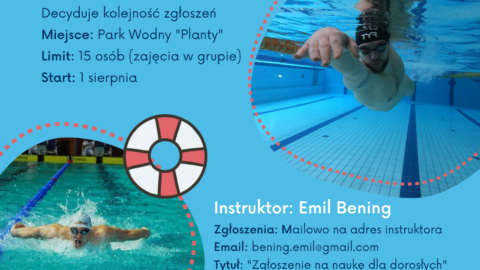 Plakat nauki pływania dla dorosłych w Parku Wodnym "Planty" organizowanej przez Miejsko-Gminny Szkolny Związek Sportowy w Pleszewie.