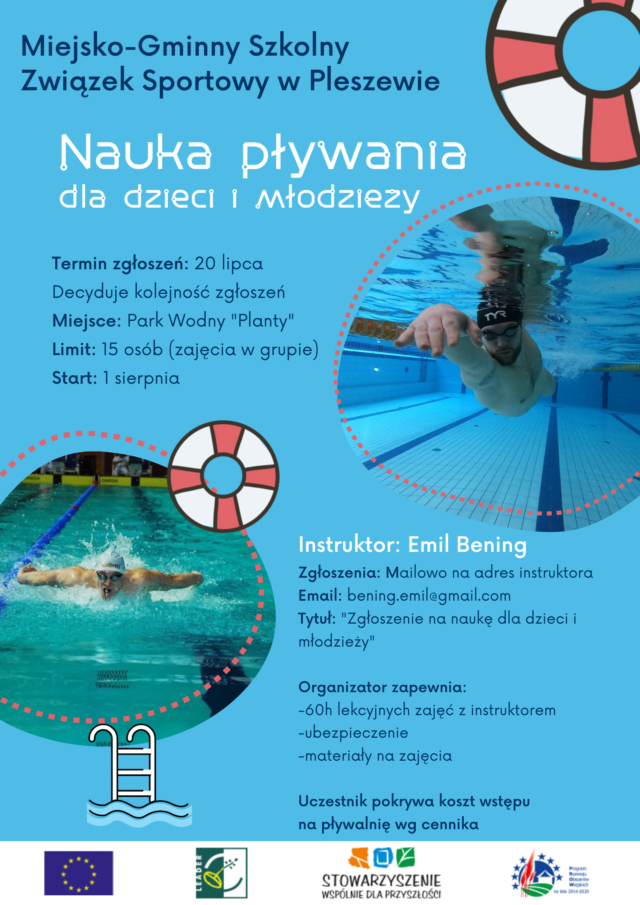 Plakat nauki pływania dla dzieci i młodzieży w Parku Wodnym "Planty" w Pleszewie, organizowanej przez Miejsko-Gminny Szkolny Związek Sportowy w Pleszewie