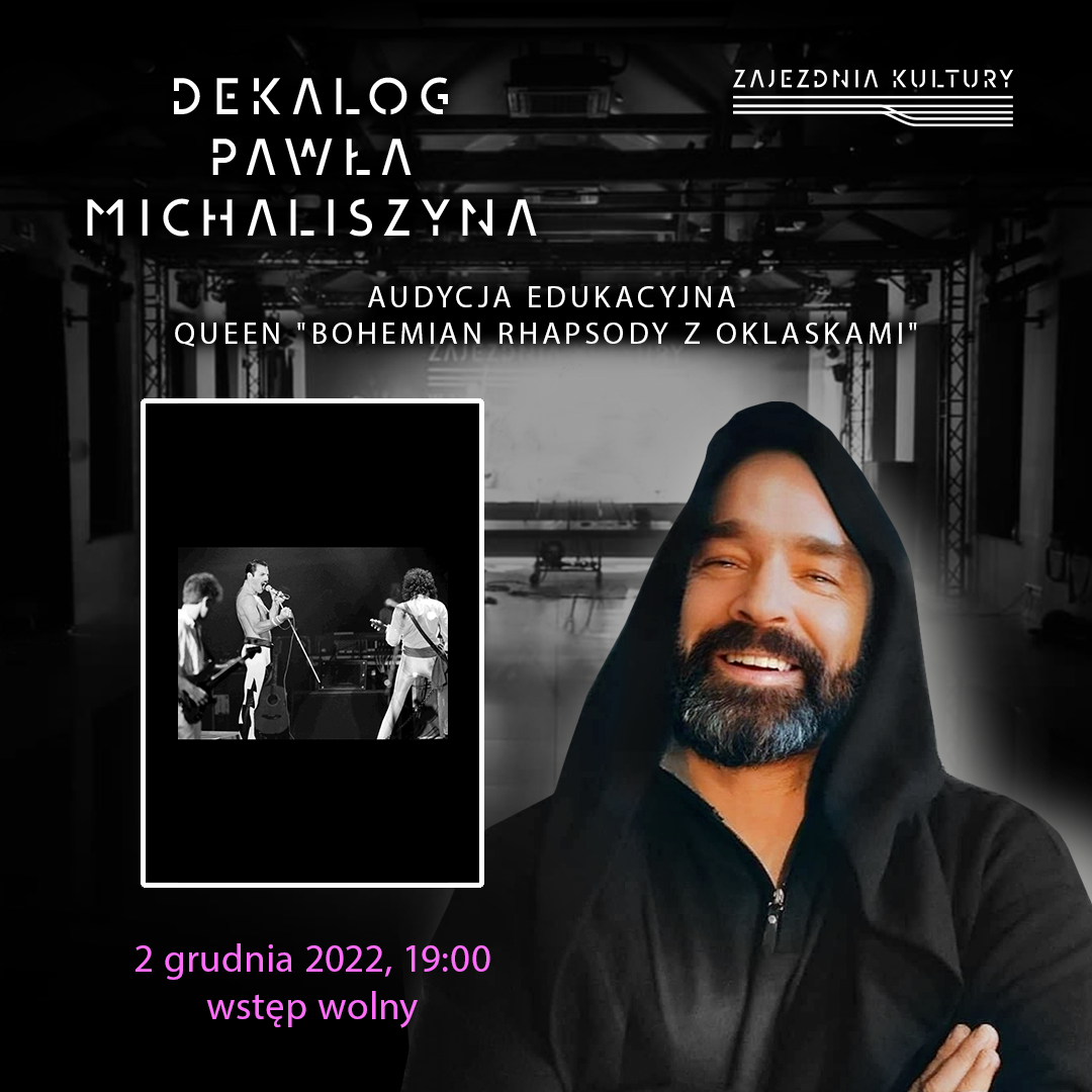 Plakat wydarzenia Dekalog Pawła Michaliszyna odbywającego się w Zajezdni Kultury w Pleszewie 2 grudnia 2022 o godzinie 19:00