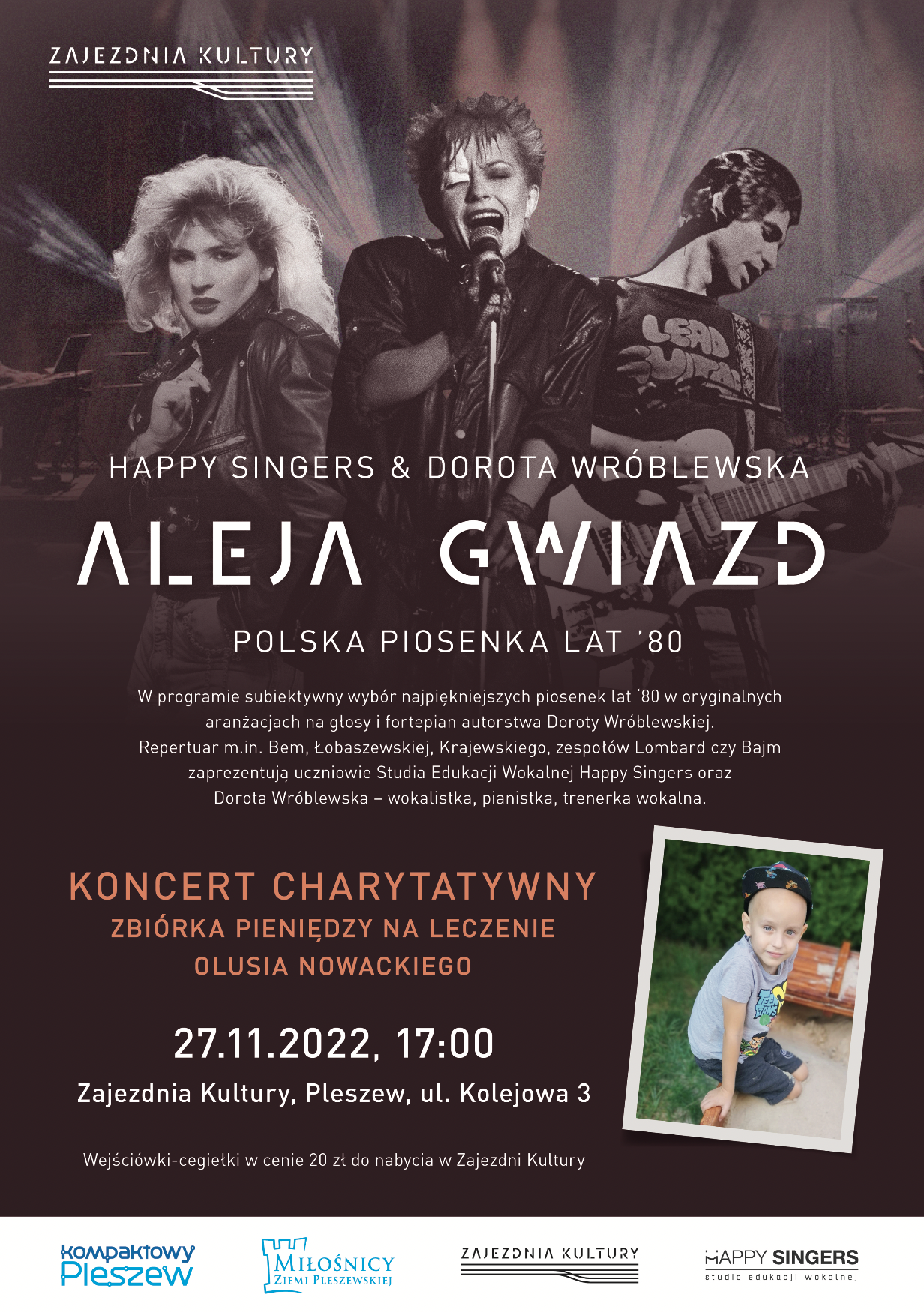 Plakat koncertu charytatywnego "Aleja gwiazd" odbywającego się w Zajezdni Kultury w Pleszewie 27 listopada 2022 o godzinie 17:00