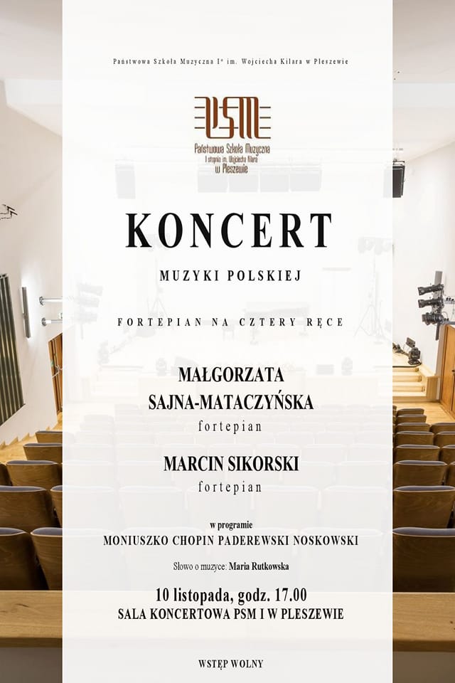 Plakat Koncertu Muzyki Polskiej odbywającego si w Państwowej Szkole Muzycznej w Pleszewie 10 listopada 2022 o godzinie 17:00