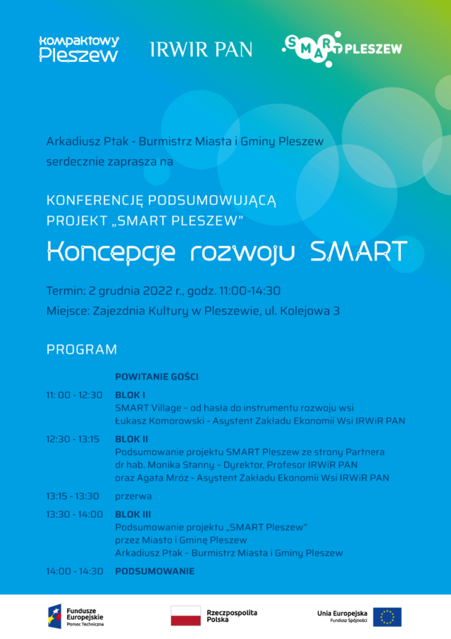 plakat konferencji podsumowującej 3-letni projekt Miasta i Gminy Pleszew "Smart Pleszew", odbywającej się w Zajezdni Kultury w Pleszewie 2 grudnia 2022 o godzinie 11:00