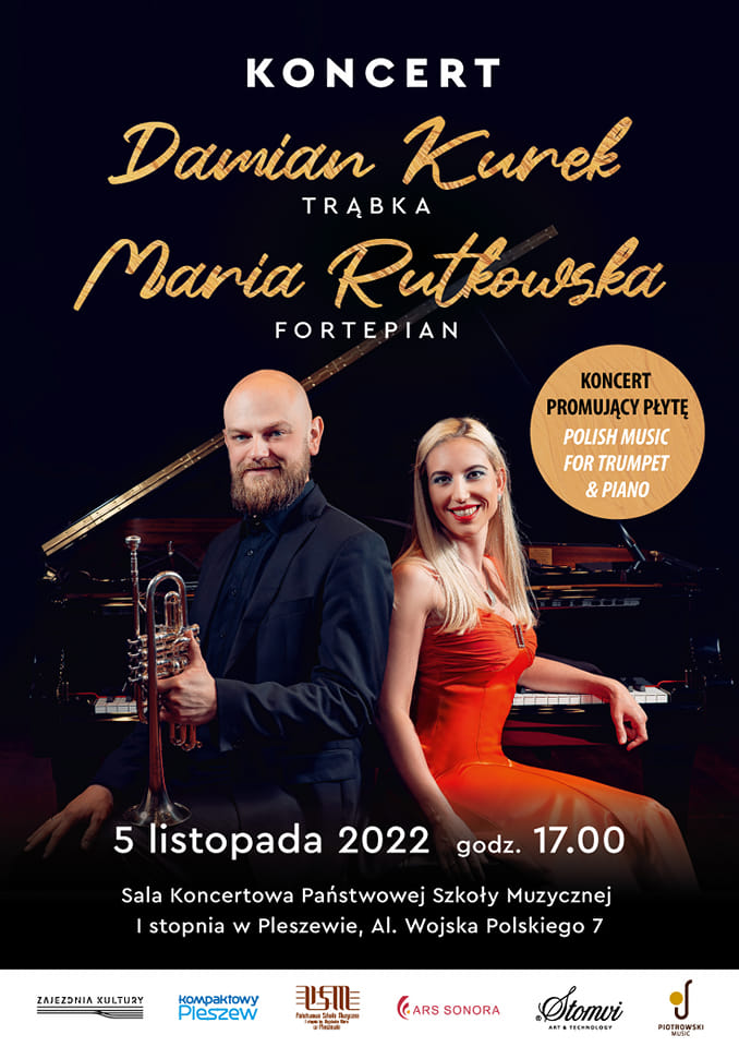 plakat koncertu Marii Rutkowskiej i Damiana Kurka w ramach promocji nowej płyty 5 listopada o godzinie 17:00 w Sali Koncertowej Państwowej Szkoły Muzycznej w Pleszewie