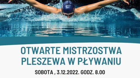 Plakat otwartych Mistrzostw Pleszewa w Pływaniu odbywających się w Parku Wodnym "Planty" dn. 3 grudnia 2022 o godzinie 8:00
