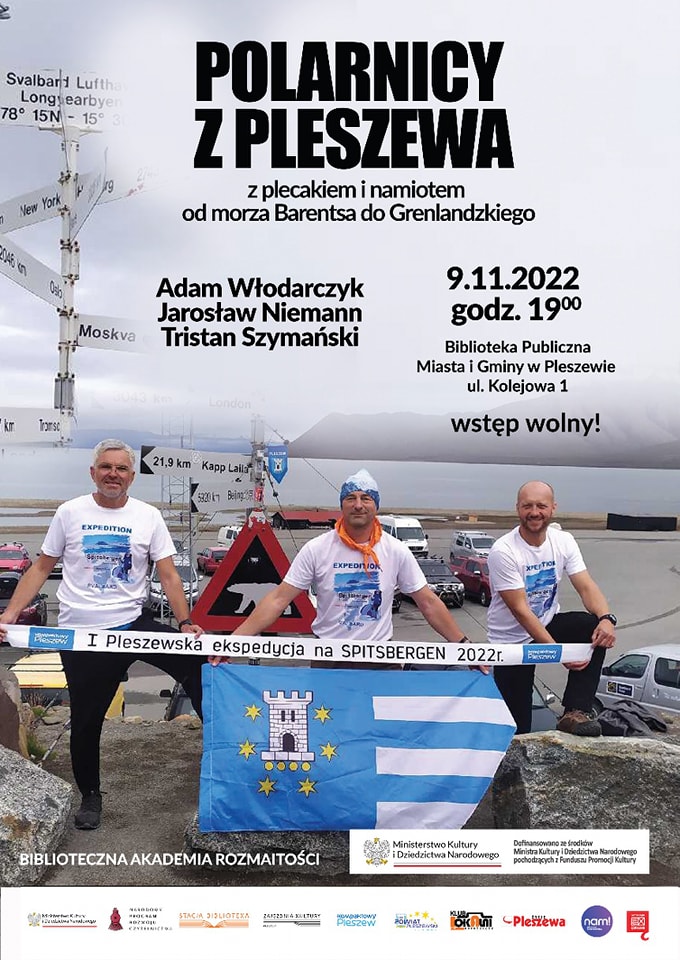 Plakat spotkania z polarnikami z Pleszewa w pleszewskiej bibliotece 9 listopada o godzinie 19:00. Relacja z wyprawy na Spitsbergen