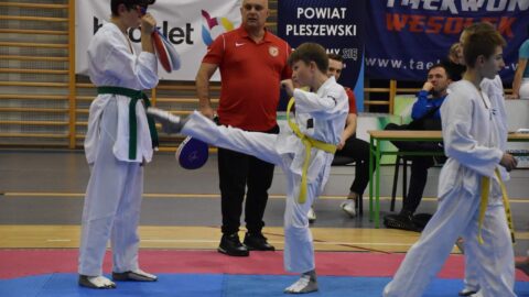 rywalizacja w ramach turnieju taekwondo Wesołek Cup odbywającego się w pleszewskiej Hali Widowiskowo-Sportowej