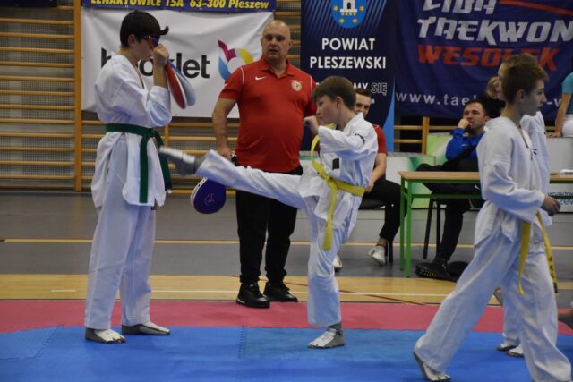 rywalizacja w ramach turnieju taekwondo Wesołek Cup odbywającego się w pleszewskiej Hali Widowiskowo-Sportowej 