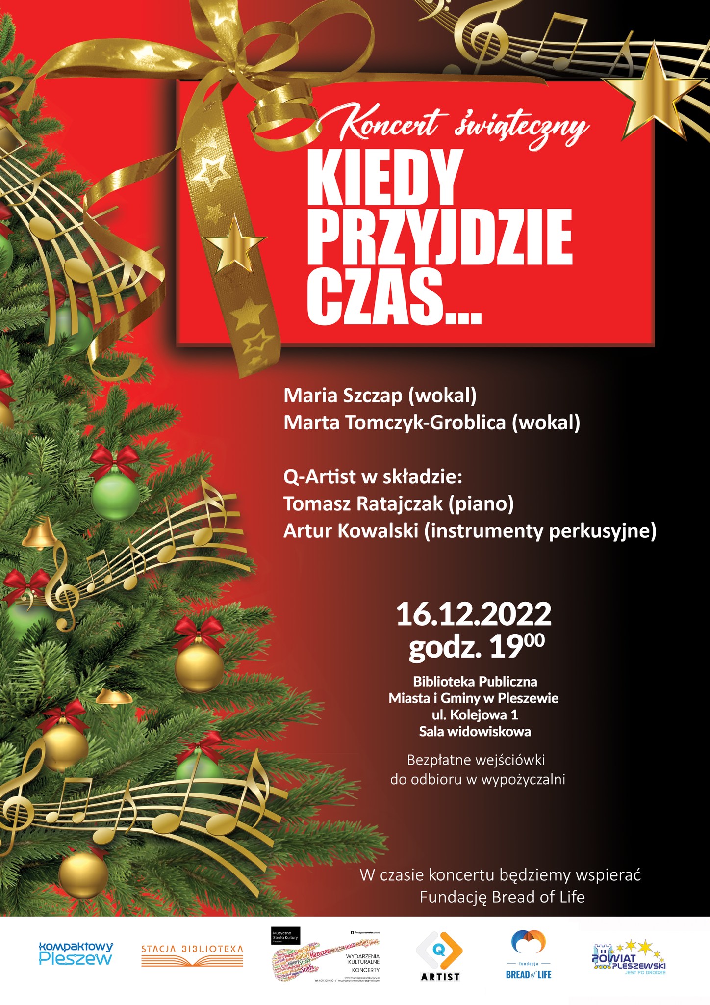 plakat koncertu świątecznego "Kiedy przyjdzie czas" odbywajacego się w Bibliotece Publicznej 16 grudnia 2022 o godzinie 19:00
