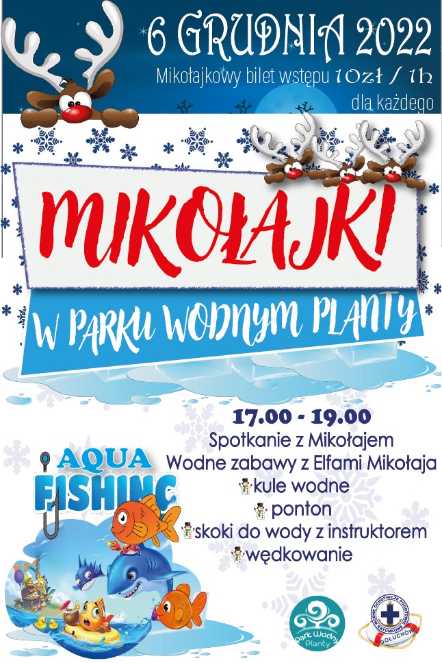 Plakat Mikołajek w Parku Wodnym Planty odbywających się 6 grudnia 2022 o godzinie 17:00
