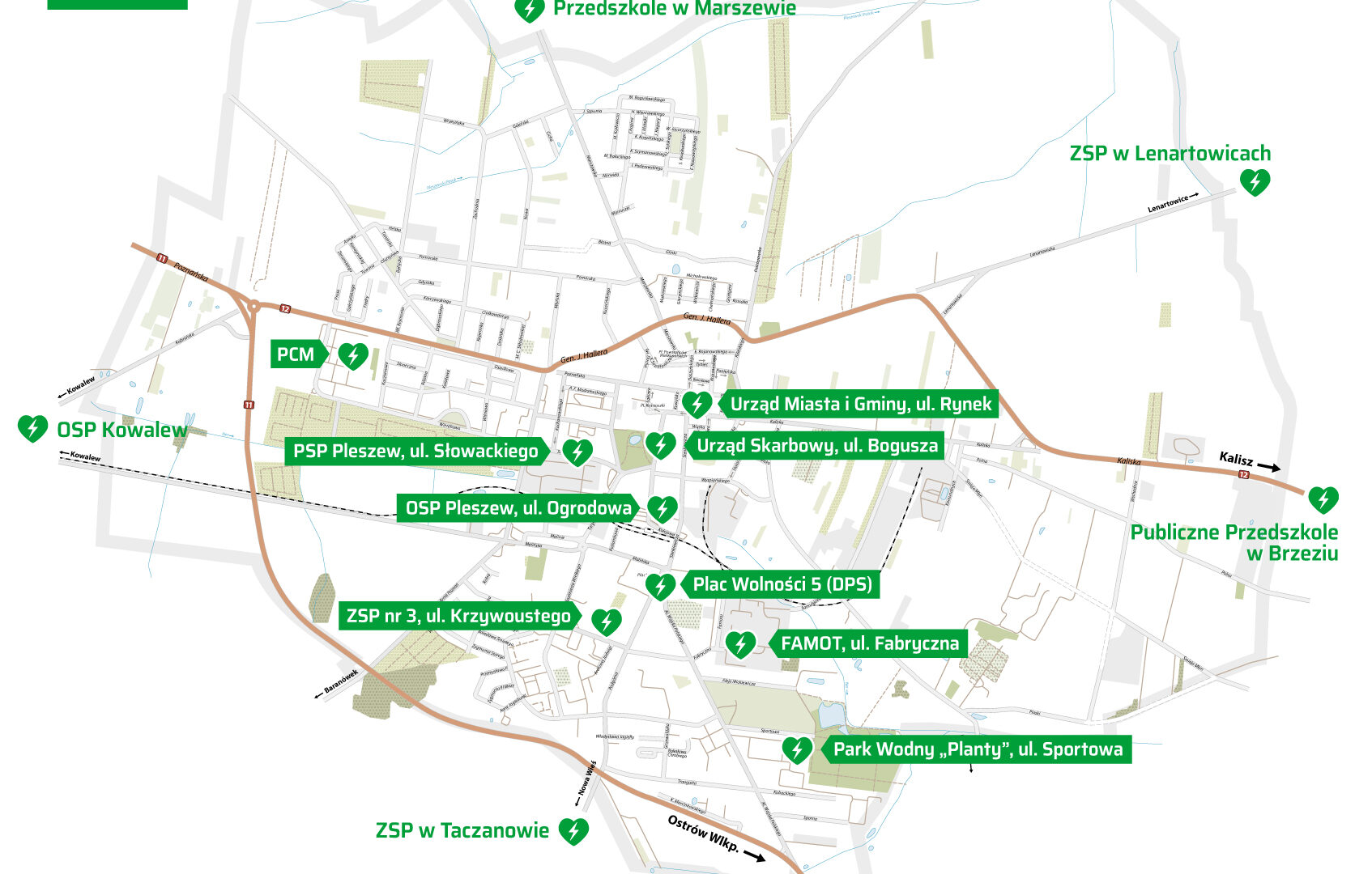 Mapa punktów AED, które znajdują się w Mieście i Gminie Pleszew