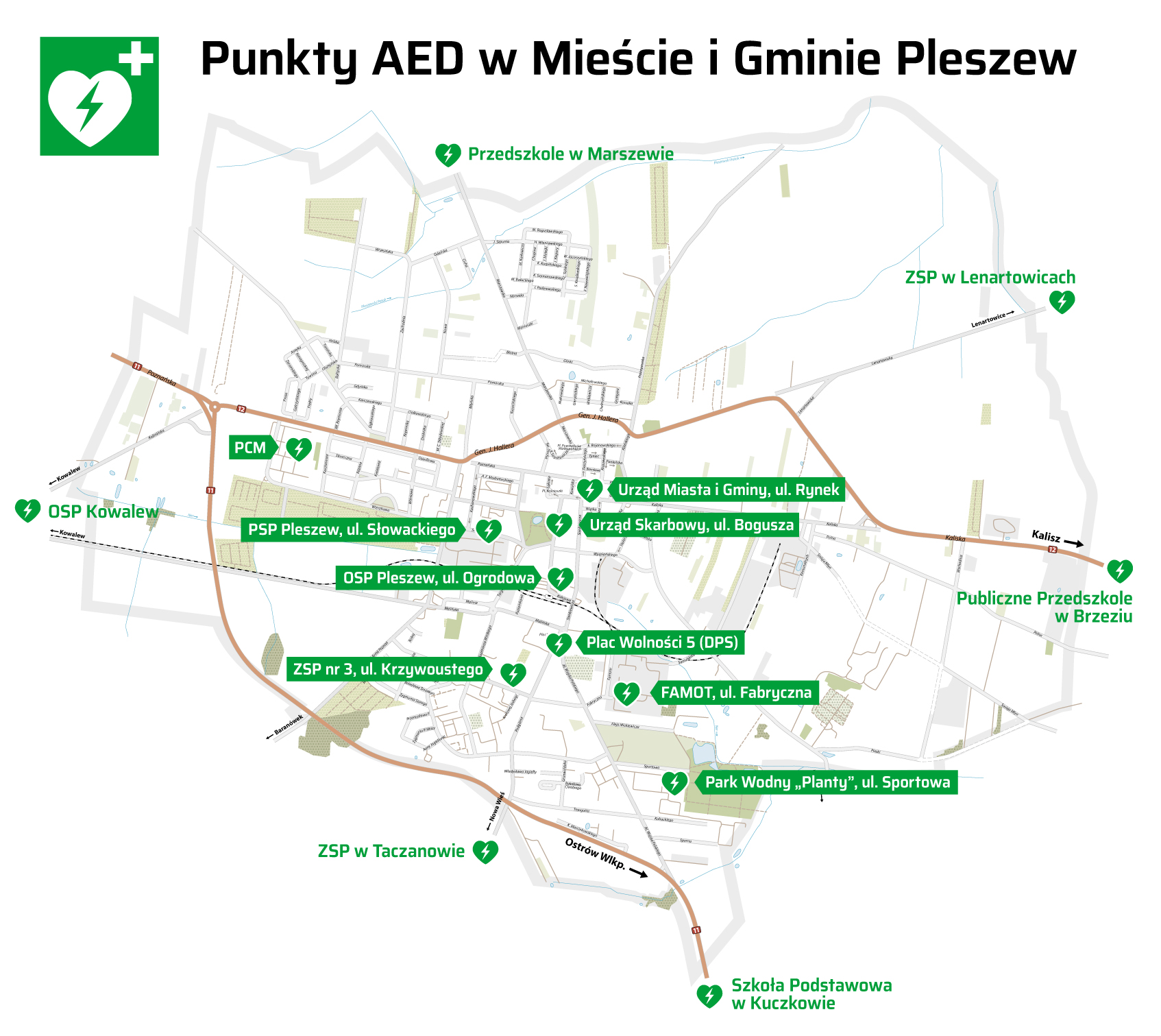 Mapa punktów AED, które znajdują się w Mieście i Gminie Pleszew