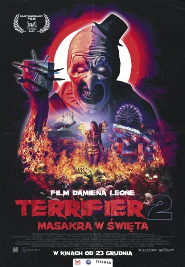 Plakat filmu TERRIFIER 2. MASAKRA W ŚWIĘTA emitowanego w Kinie Hel w Pleszewie w dniach 20-22 stycznia 2023r,