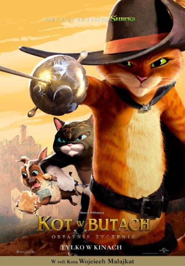 Plakat filmu "Kot w butach - ostatnie życzenie" emitowanego w kinie Hel w Pleszewie