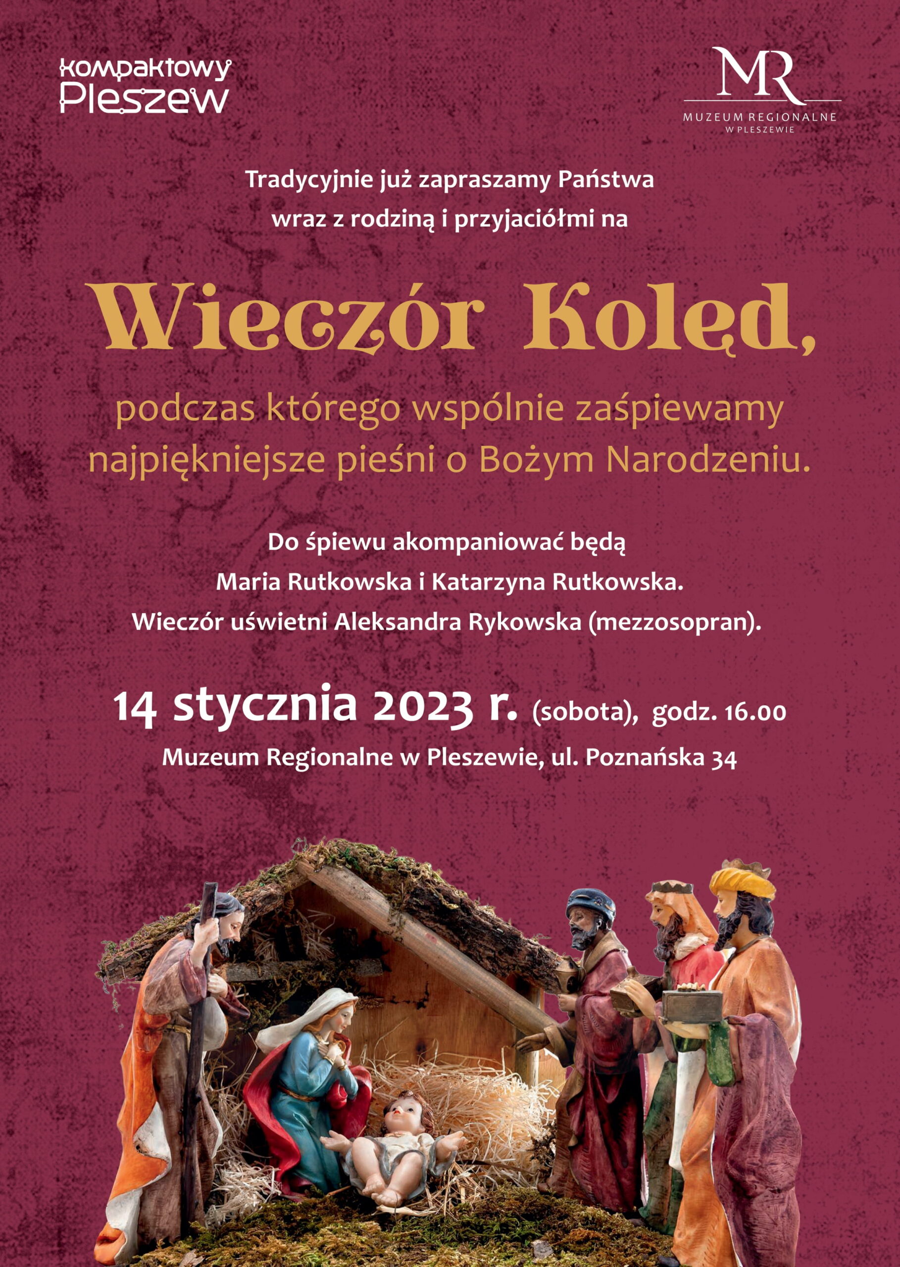 Plakat Wieczoru Kolęd organizowanego w Muzeum Regionalnym w Pleszewie 14 stycznia 2023 roku o godzinie 16:00