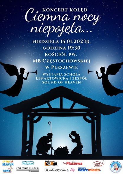 Plakat koncertu kolęd odbywającego się w Kościele pw. Matki Boskiej Częstochowskiej w Pleszewie 15 stycznia 2023 o godzinie 19:30
