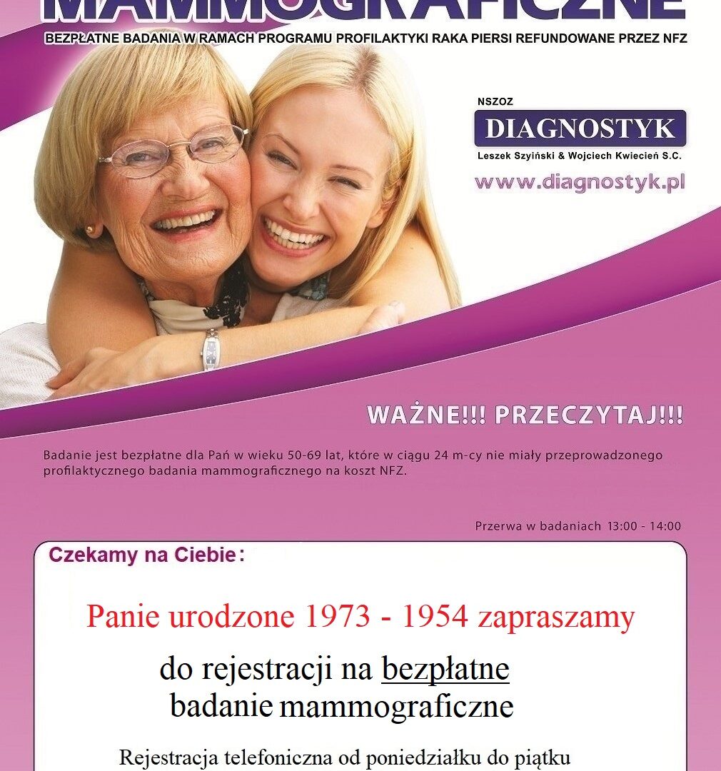 Plakat bezpłatnego badania mammograficznego dla kobiet w wieku 50-69 lat odbywającego się 21 marca 2023 roku przy Biedronce Al. Wojska Polskiego
