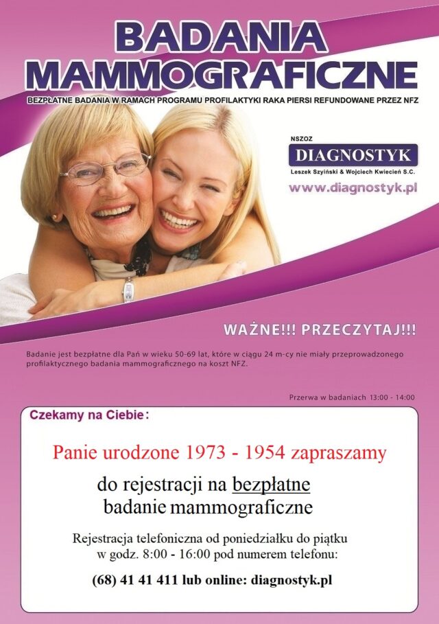 Plakat bezpłatnego badania mammograficznego dla kobiet w wieku 50-69 lat odbywającego się 21 marca 2023 roku przy Biedronce Al. Wojska Polskiego