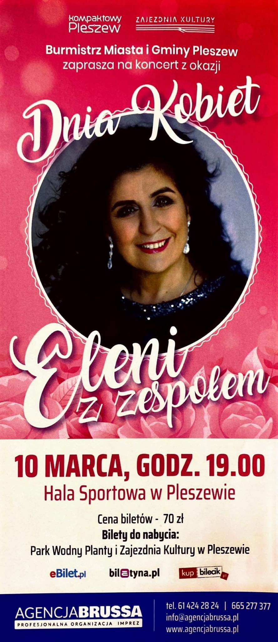 Plakat koncertu Eleni organizowanego z okazji Dnia Kobiet przez Dom Kultury w Pleszewie na Hali Widowiskowo-Sportowej w Pleszewie 10 marca 2023 roku o godzinie 19:00