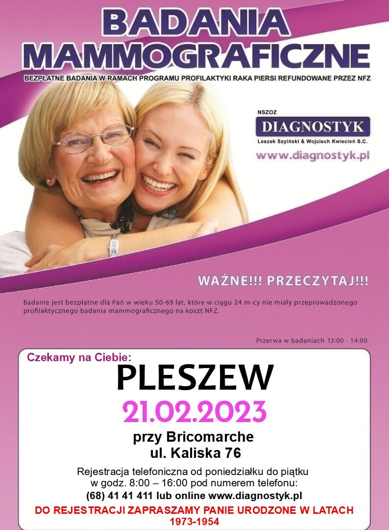 Plakat badania mammograficznego, które przeprowadzone będą w Pleszewie 21 lutego 2023 roku przy Bricomarche na ul. Kaliskiej